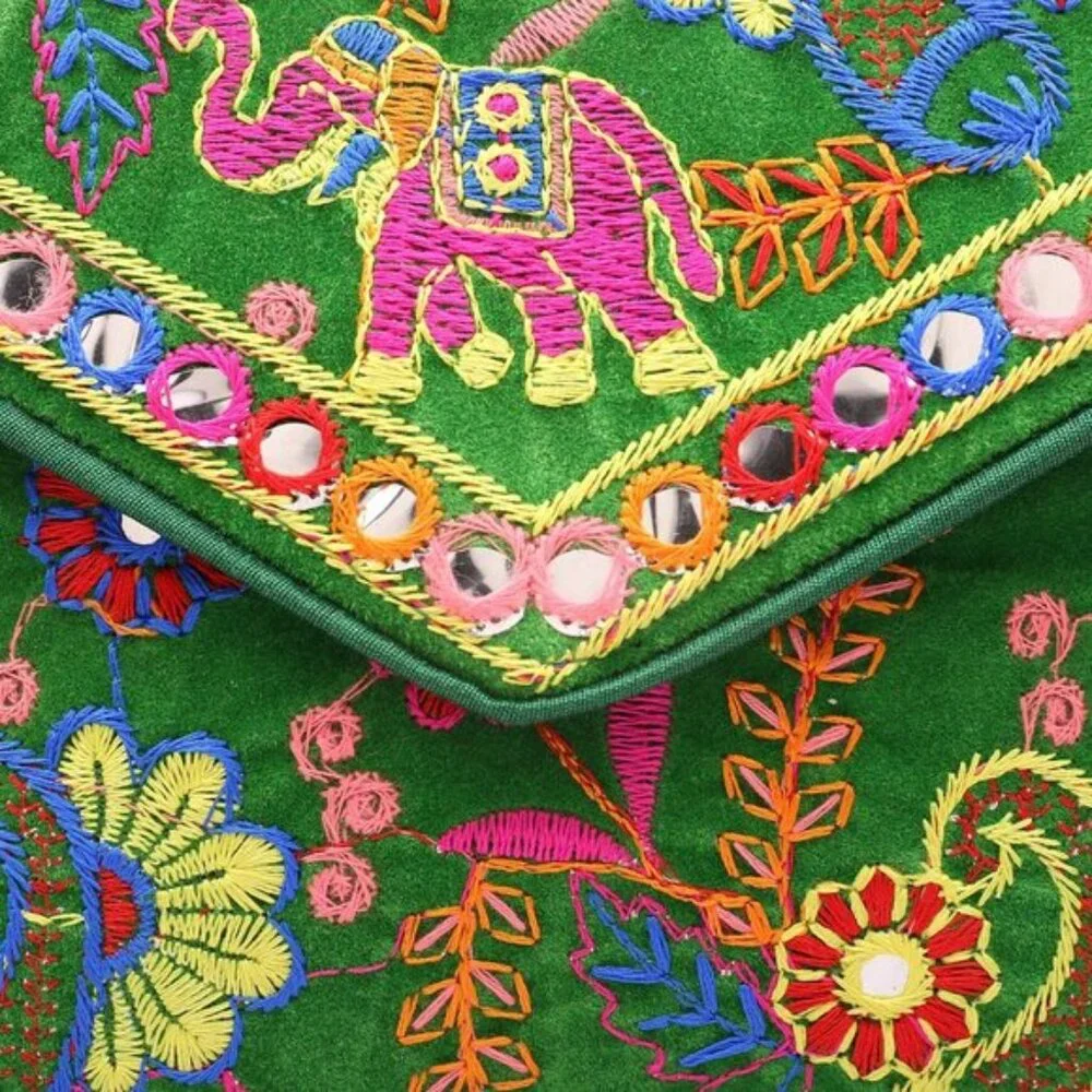 Rajasthani Embroidered Clutch Bag for Women Mini Crossbody Green Wedding Purse - Picture 5 of 6